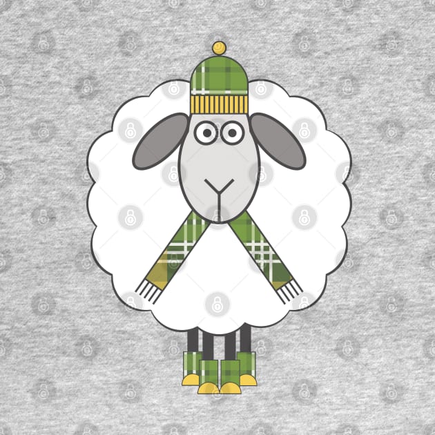 Cosy Winter Sheep With Green and Yellow Tartan Hat, Scarf and Boots by MacPean